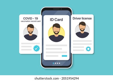 Man digital documents in smartphone. COVID-19 vaccination record card, ID card, driver license in a flat design. Vector illustration