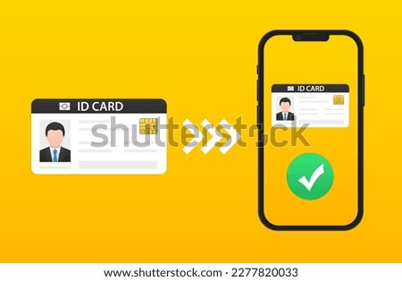 Man digital documents in smartphone. ID card, driver license in a flat design. Id card form online on website, app, using smartphone. Data transfer to a smartphone. Vector illustration