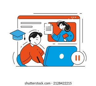 Man digital e learning watching video tutorial recorded classes on laptop vector flat illustration. Female teacher coach talking explaining lesson courses training broadcast distance education app