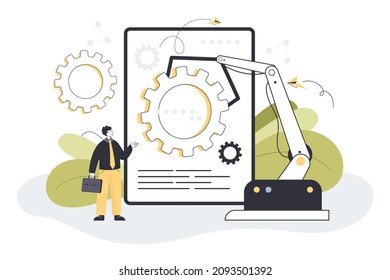 Man and digital era algorithm of AI. Social system of 21st century and workforce challenge flat vector illustration. Smart business process, human resources automation, artificial intelligence concept