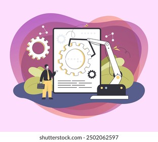 Man and digital era algorithm of AI. Social system of 21st century and workforce challenge flat vector illustration. Smart business process, human resources automation, artificial intelligence concept