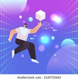 man in digital glasses exploring vr vision headset innovation metaverse concept