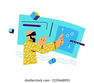 Man in digital glasses interacting with virtual-reality space, metaverse augmented VR technology, flat vector illustration isolated on white background.