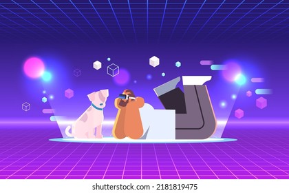 man in digital glasseslying with virtual dog vr vision headset innovation concept