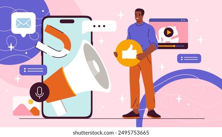 Hombre con noticias digitales. Chico joven con el Botón del pulgar cerca del smartphone. Periódico en internet. Persona con titulares y anuncios. Ilustración vectorial plana aislada sobre fondo rosa