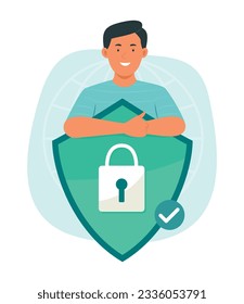 Man and Digital Security Shield Symbol with Padlock for Cyber Security Concept Illustration