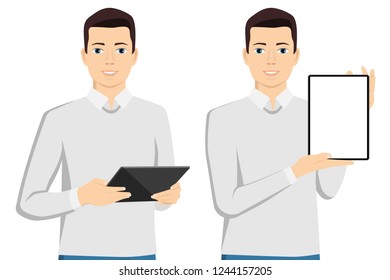 A man with a digital tablet. Isolated on white. Vector illustration