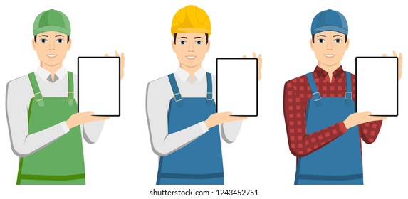 A man with a digital tablet. Worker, gardener, farmer. Isolated on white. Vector illustration