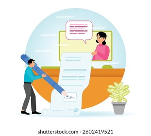 A man digitally signing a document during an online video conference. Human resources concept. flat vector illustration