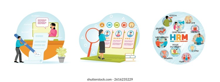 A man digitally signing a document, Online recruitment, Human resource management, including teamwork, strategies, vision, and growth. Human resources management concept. Set flat vector illustration
