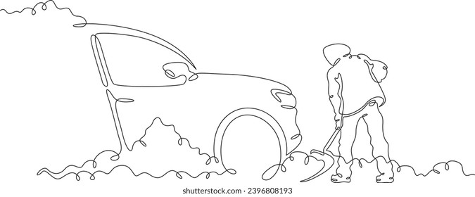 A man digs a car out of the snow. A man removes snow. Snow removal in winter. One continuous line drawing. Linear. Hand drawn, white background. One line.
