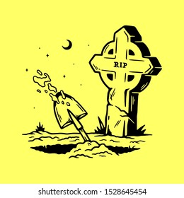 MAN DIGS A GRAVE IN A CEMETERY YELLOW BACKGROUND