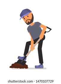 A man digs the ground with a shovel. Isolated on a white background.