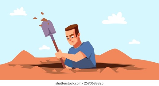 Man digs hole in ground. Sad worker holding a shovel. Businessman digging tunnel. Discovery and mining. Search of treasure or new opportunity. Cartoon flat style isolated vector concept