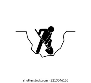 man digs a hole, stick figure icon, human silhouette with a shovel
