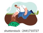 Man digs money out of ground after finding valuable cache of cash during random walk. Guy is burying money due to lack of trust in banks and investments or other financial institutions