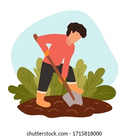 Man digs soil with shovel on farm. Person in protective gloves and boots grows organic food. Concept of eco-farming, hard labor on country. Vector flat modern illustration. Preparing dirt for planting