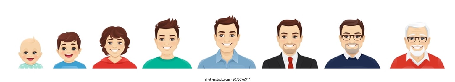 Man of diifferent life stages cartoon characters avatars. Baby, child, teenager, adult, mature and old persons vector illustration isolated