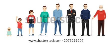 Man of diifferent life stages cartoon characters. Baby, child, teenager, adult, mature and old persons vector illustration isolated