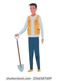 A man is diligently digging in his work attire using a shovel for various tasks at hand,