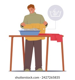 Man Diligently Handwashing Clothes in Basin, Nurturing A Practice Of Clothing Care. Male Character Uses Soapy Water, Meticulous Rinsing and Preserving Fabrics. Cartoon People Vector Illustration