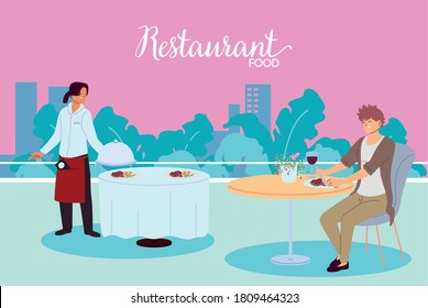 man dining in restaurant and waiter serving the table vector illustration design