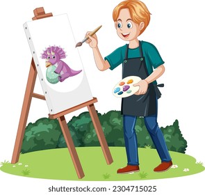 Man dinosaur painting at the garden illustration