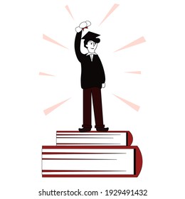 A man with a diploma stands at the top of the books.