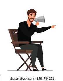 Man director screenwriter talking in megaphone sitting on chair. Filming process. Movie making. Film shooting. Cinema or theatre. Flat character. Vector cartoon illustration isolated on white
