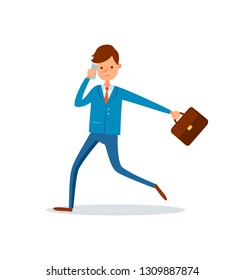 Man director talking on phone and running to work vector. Businessman with briefcase and papers in case, executive worker. Rush time late for job