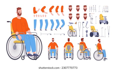 Mann mit Behindertenkonstruktor. Animation bei der Erstellung von Charaktern, Cartoon-Mann-Rollstuhl oder Krücken-Benutzer, Gesichtsausdrucksvolles Personenbau herrliche Vektorgrafik auf Weiß