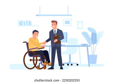 Man with disability gets job. Employee recruitment. HR manager and disabled worker. Equal accessibility. Inclusion in office work. Handicap person sitting in wheelchair