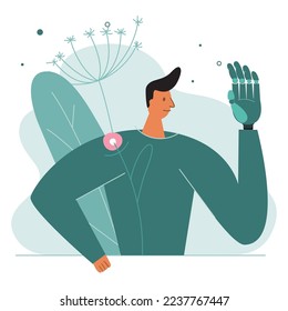 The man with disability and got has titanium implant or prosthesis hand. Vector illustration for poster about BIONIC engineering.