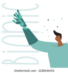 The man with disability has bionic titanium implant or prosthesis hand. Vector illustration with phrase BIONIC.