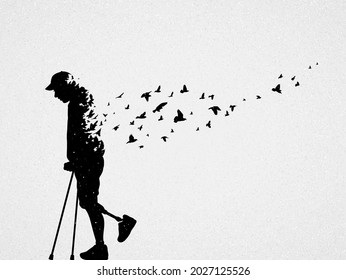 Man with disability on crutches. Death, afterlife. Flying bird outline