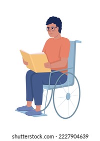 Man with disability reading book semi flat color vector character. Editable figure. Full body person on white. Hobby simple cartoon style illustration for web graphic design and animation