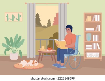 Man with disability reading flat color vector illustration. Hobby and domestic life. Guy in wheelchair at home. Fully editable 2D simple cartoon interior with living room on background