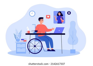 Man with disability watching video stream, using laptop. Person sitting in wheelchair flat vector illustration. Communication, social media concept for banner, website design or landing web page