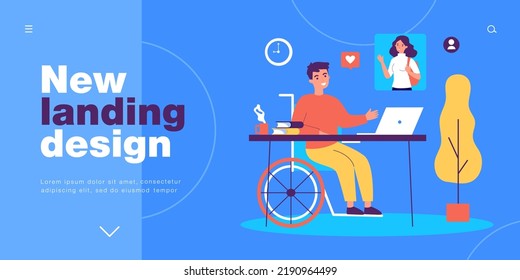 Man with disability watching video stream, using laptop. Person sitting in wheelchair flat vector illustration. Communication, social media concept for banner, website design or landing web page