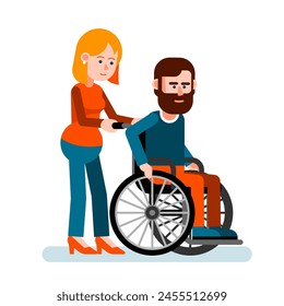 A man with a disability in a wheelchair being helped by a woman on a sidewalk. Vector illustration