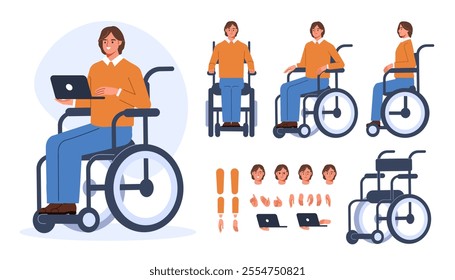 Man with disability in wheelchair character constructor for animation. Front and side view set. Body parts, postures, poses collection. Vector illustration.