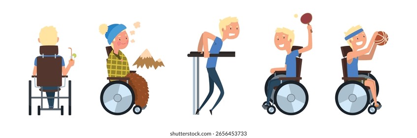 Man with Disability in Wheelchair Engaged in Different Activity Vector Set