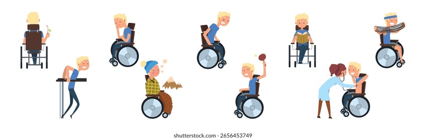 Hombre con discapacidad en silla de ruedas involucrado en diferentes actividades Vector Set