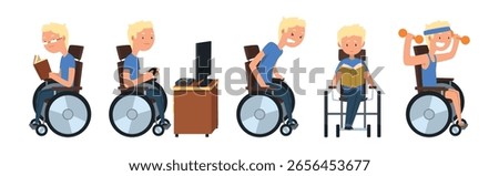 Man with Disability in Wheelchair Engaged in Different Activity Vector Set
