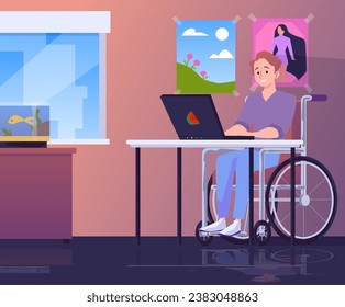 Man with disability in wheelchair working at table with laptop for concept of disability employment and inclusive workplace environment, flat vector illustration.