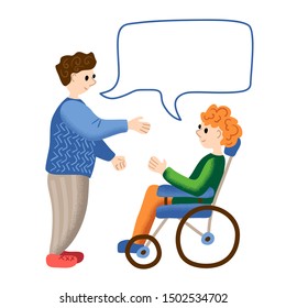 Man with disabled friend illustration. Two men speaking with text bubble. Inclusive communication vector scene on white background. Diversity and inclusion concept. Dialogue etiquette with disabled