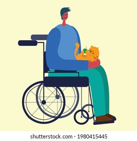 Man disabled holding their domestic animals. Colorful vector illustration.