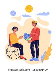 Man and disabled woman in wheelchair building romantic love relationships. Handicapped people social relations and environment accessibility for invalids. Flat vector illustration isolated.