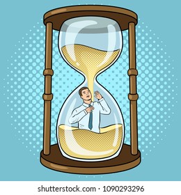 Man disappear in sand watch glass covered by sand pop art retro vector illustration. Comic book style imitation.