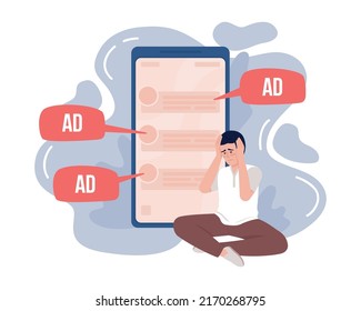 Man disappointed with annoying ads 2D vector isolated illustration. Upset flat character on cartoon background. Colourful editable scene for mobile, website, presentation. Bebas Neue font used